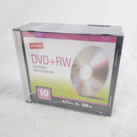 STAPLES  |  DVD + RW 10 Pack Rewriteable DVD Discs 4.7GB 4X 120 Minutes SEALED - Picture 1 of 2